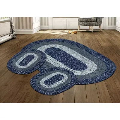 Better Trends Country Stripe Braided 3 Pc Oval Rug Set In Blue