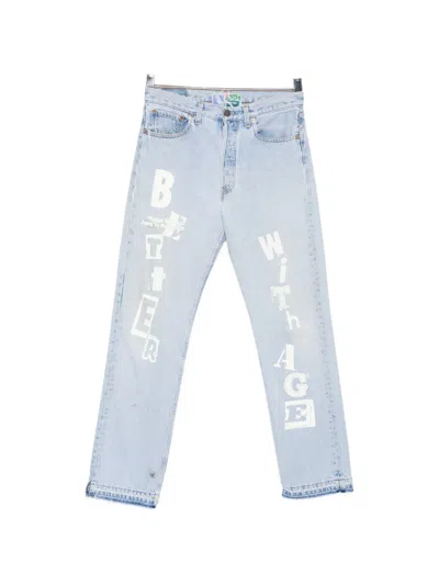 Better With Age Logo-print Raw-cut Jeans In Blue