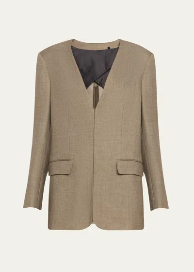Bettter Deep V Neck Back Zip Wool Jacket In Khaki