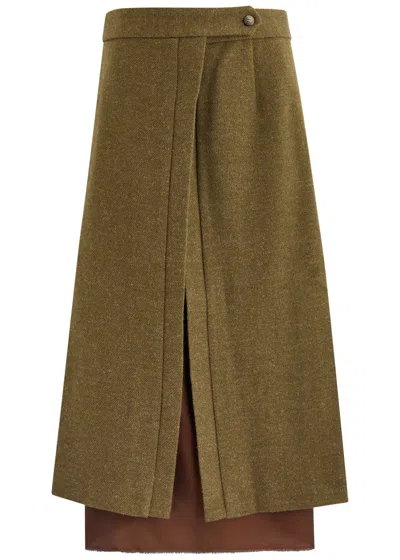 Bettter Layered Wrap-effect Wool Midi Skirt In Khaki