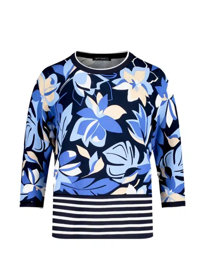 Betty Barclay Floral-print Striped-hem Sweater In Blue