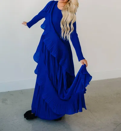 Beulah Asymmetrical Ruffled Details Pleats Maxi Dress In Blue