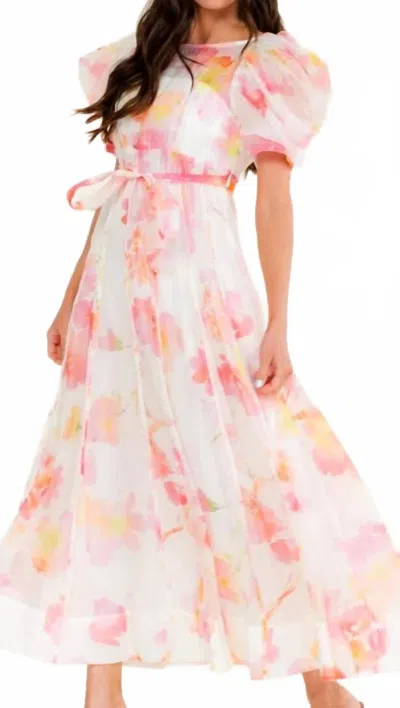 Beulah Bubble Sleeve Midi Dress In Pink Floral In Multi