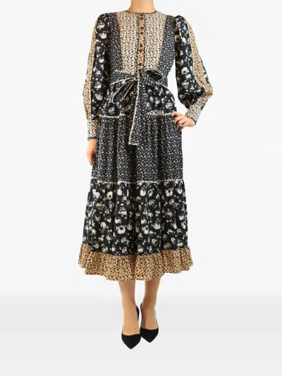 Pre-owned Beulah Printed Cotton Midi Dress In Black