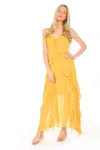Beulah Styles Adjustable Straps Chiffon Ruffled Maxi Dress In Yellow