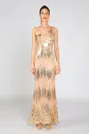 Beulah Styles Long One Shoulder Fitted Maxi Dress In Gold
