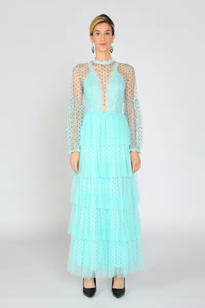 Beulah Styles Long Sleeve Polka Dot Printed Mesh Layered Dress In Blue