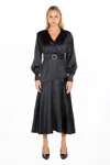 Beulah Styles Long Sleeve Satin V Neck Maxi Dress In Black