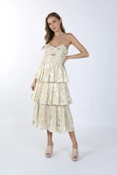 Beulah Styles Metallic Spaghetti Strap Printed Tiered Midi Dress In White