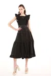 Beulah Styles Ruffle Square Neck Sleeveless Midi Dress In Black