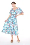 Beulah Styles Short Puff Sleeve Sweetheart Neckline Midi Dress In Blue