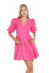Beulah Styles Short V Neck Lace Trim Puff Shoulder Dress In Pink