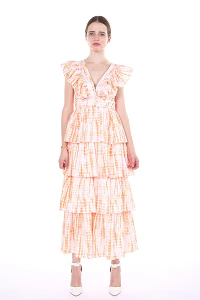 Beulah Styles Tiered V Neck Sleeveless Ruffle Tea Length Dress In Orange