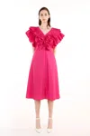 Beulah Styles V Neck Pleated Ruffle Trim Sleeve Midi Dress In Pink
