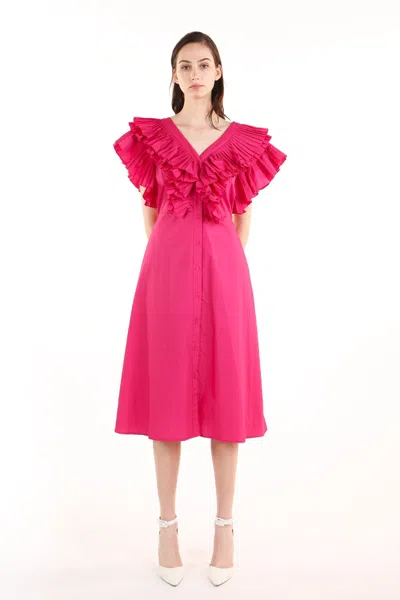 Beulah Styles V Neck Pleated Ruffle Trim Sleeve Midi Dress In Pink