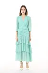 Beulah Styles V Neck Tiered Flounce Chiffon Tea Length Dress In Green
