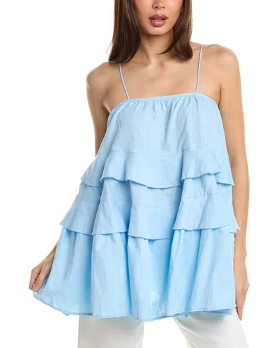 Beulah Tiered Linen Babydoll Top In Blue