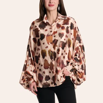 Beulah Women's Beige Cowhide Print Long Sleeve Satin Blouse In Multi