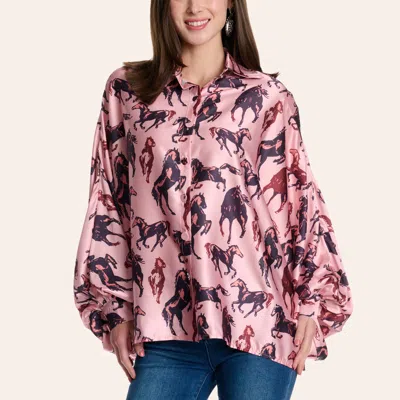 Beulah Women's Blush Horse Print Long Sleeve Satin Blouse In Pink