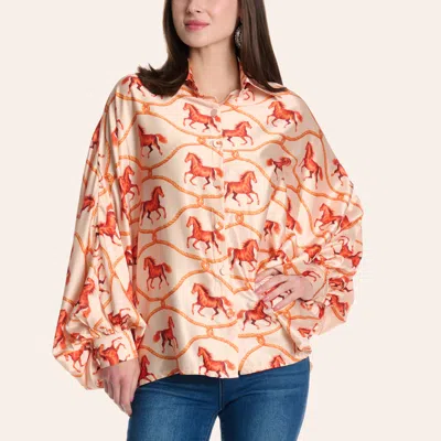 Beulah Women's Coral Horse Print Long Sleeve Satin Blouse In Multi