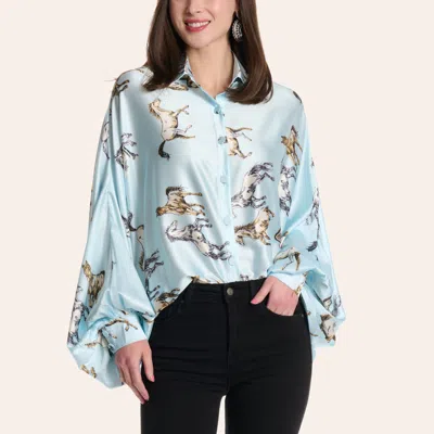 Beulah Women's Sky Blue Horse Print Long Sleeve Satin Blouse