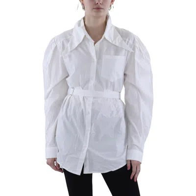 Beulah Womens Belted Cotton Button-down Top In White