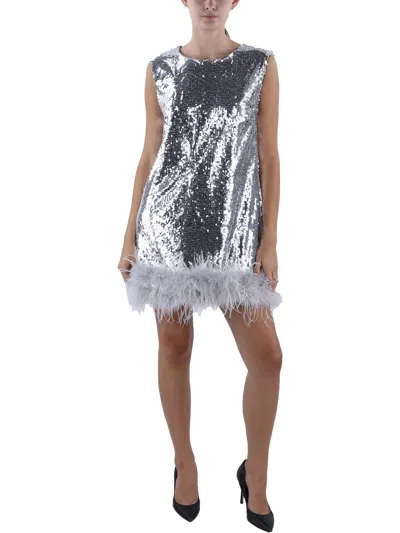 Beulah Womens Feather Trim Mini Cocktail And Party Dress In Silver