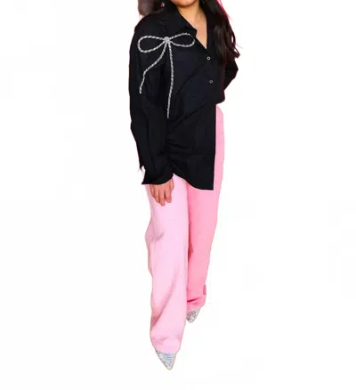 Beulahstyle Crystal Beaded Ribbon Bow Button Down In Black