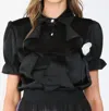 Beulahstyle Desiree Ruffle & Rose Accent Satin Blouse In Black In Black