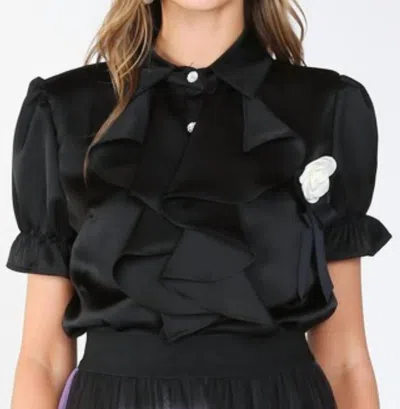 Beulahstyle Desiree Ruffle & Rose Accent Satin Blouse In Black