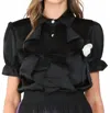 Beulahstyle Desiree Ruffle And Rose Accent Satin Blouse In Black In Black