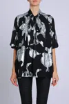 Beulahstyle Foiled Floral Bowtie Blouse With Belt In Black/silver In Black