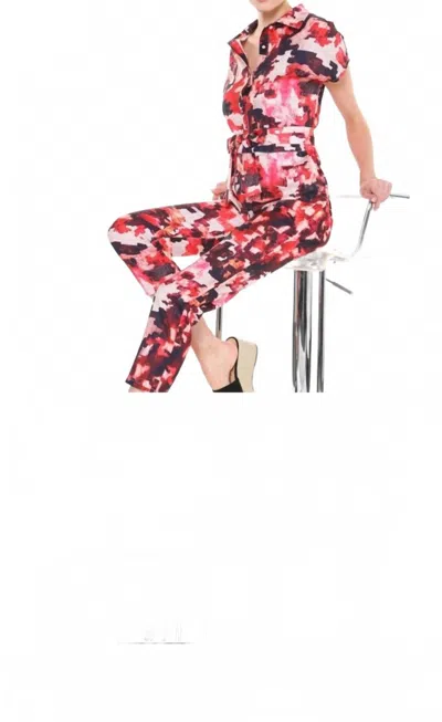 Beulahstyle Front Button Down Printed Jumpsuit In Red In Pink