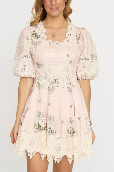 Beulahstyle Lace Embroidered Detail Mini Dress In Pink Floral In Brown