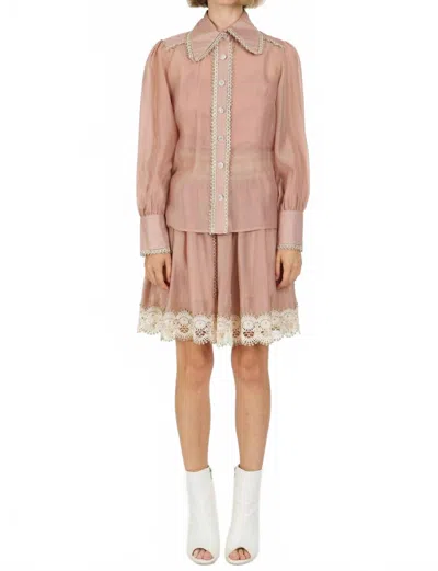 Beulahstyle Lace Trim Detail Chiffon Shirt & Mini Skirt Set In Tan In Pink
