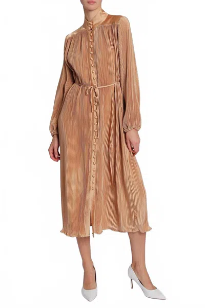 Beulahstyle Satin Belted Pleat Maxi Dress In Bronze In Brown