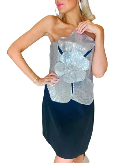 Beulahstyle Sequin Floral Applique Strapless Mini Dress In Black & Silver In Multi