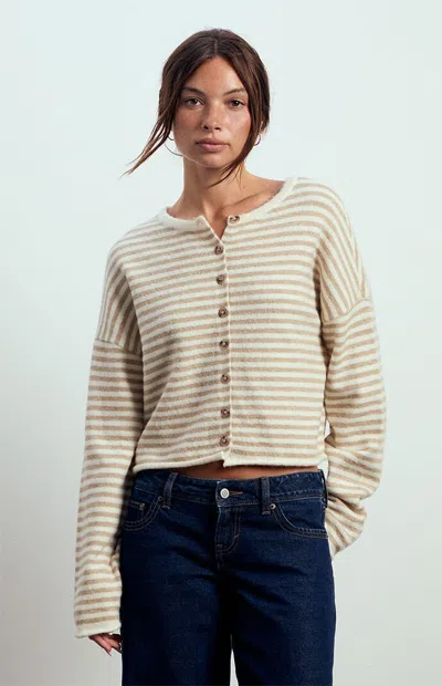 Beverly And Beck Women's Georgia Scarf Button Down Cardigan In Stripe In Neutral