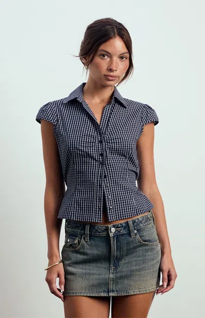 Beverly And Beck Women's Georgie Short Sleeve Button Up Top In Navy