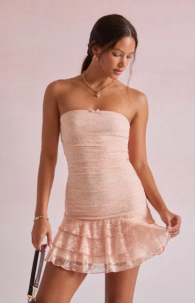 Beverly And Beck Women's Grace Strapless Lace Ruffle Mini Dress In Light Pink