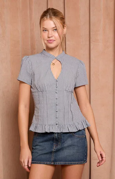 Beverly And Beck Women's Grace Striped Keyhole Button Down Top In Gray
