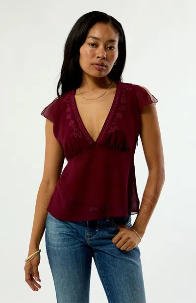Beverly And Beck Women's Mica Embroidered Chiffon Short Sleeve Top In Wine In Burgundy