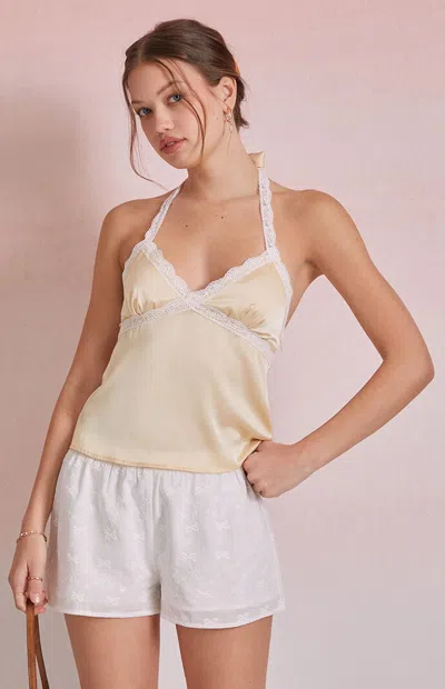 Beverly And Beck Women's Odette Satin Lace Trim Halter Top In Yellow
