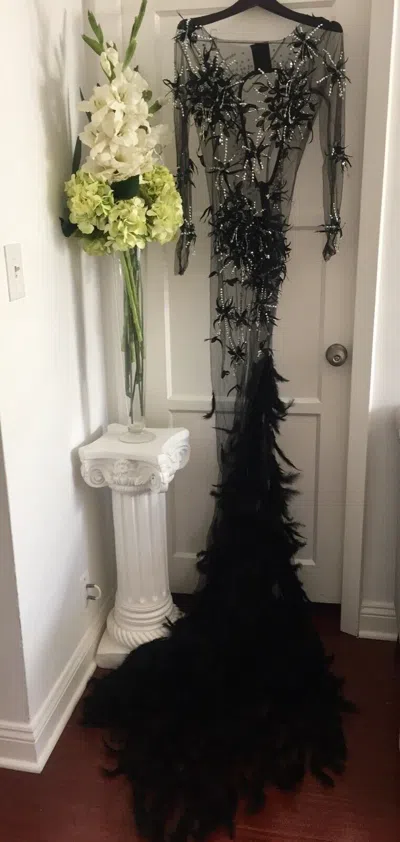 Pre-owned Beverly Hills Exquisite Hand Beaded Real Feathers Couture Black Gown Embellished Sheer Dress