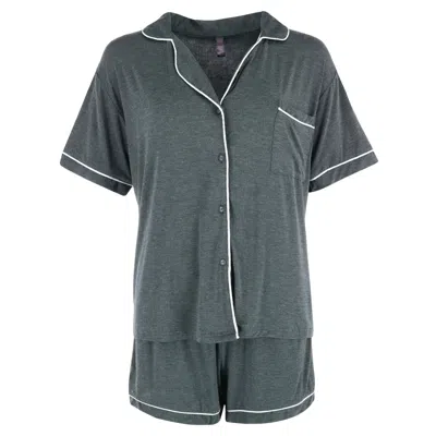 Bewicked Women's Plus Size Notch Color Short Pajama Set With Trim In Grey