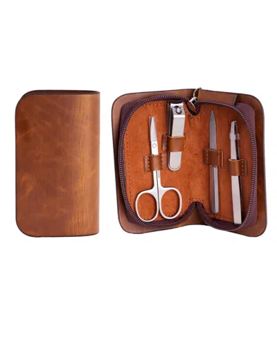 Bey-berk 4 Piece Manicure Set With Small Nail Clippers, Scissors, File And Tweezers Leather Case. In Brown