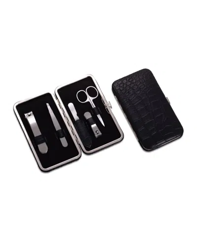 Bey-berk 5 Piece Manicure Set With Small And Large Clippers, File, Tweezers And Scissors Leather With Croco P In Black