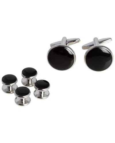 Bey-berk Black Enameled Rhodium Plated Cufflinks & Studs