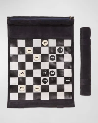 Bey-berk Frankie Roll-up Chess Set In Navy Blue