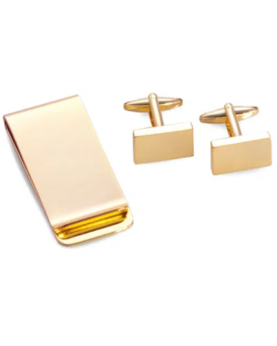 Bey-berk Gold Plated Rectangular Design Cufflinks & Money Clip Set